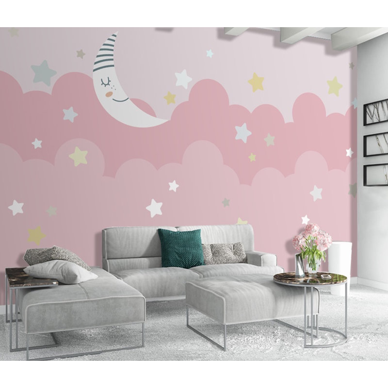 Caricature de papier peint texturé amovible rose ciel et petites étoiles, l 204 po x L 114 po