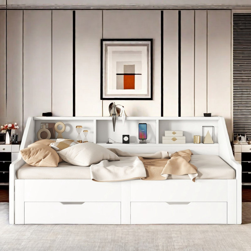 Wooden Daybed With Twin To King Design, Bookcases, Two Drawer And Usb Ports, White