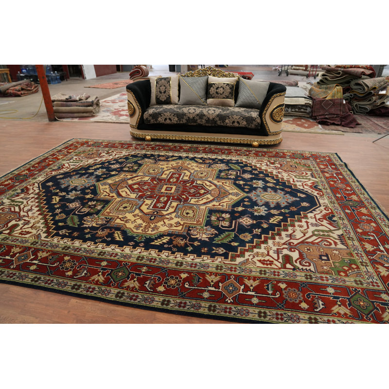 Tapis unique en coton de 13 pi 10 po x 9 pi 11 po bleu marine et bleus