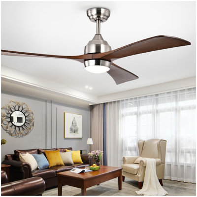 Ventilateur de plafond à pales en bois massif de 62 po 3 PCS avec lumières Télécommande, ventilateur de plafond silencieux à 3 pales avec moteur à courant continu à 6 vitesses, ventilateur de plafond réversible, pour patio, salon, chambre à coucher, bureau, intérieur (nickel teint)