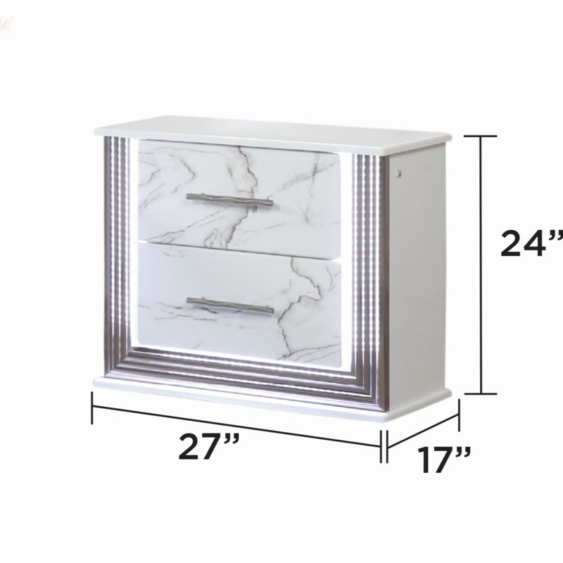 Desire Nightstand – Marble-Inspired Drawer Fronts, LED Side Lighting, And Metallic Trim For Glamorous And Practical Bedside Storage