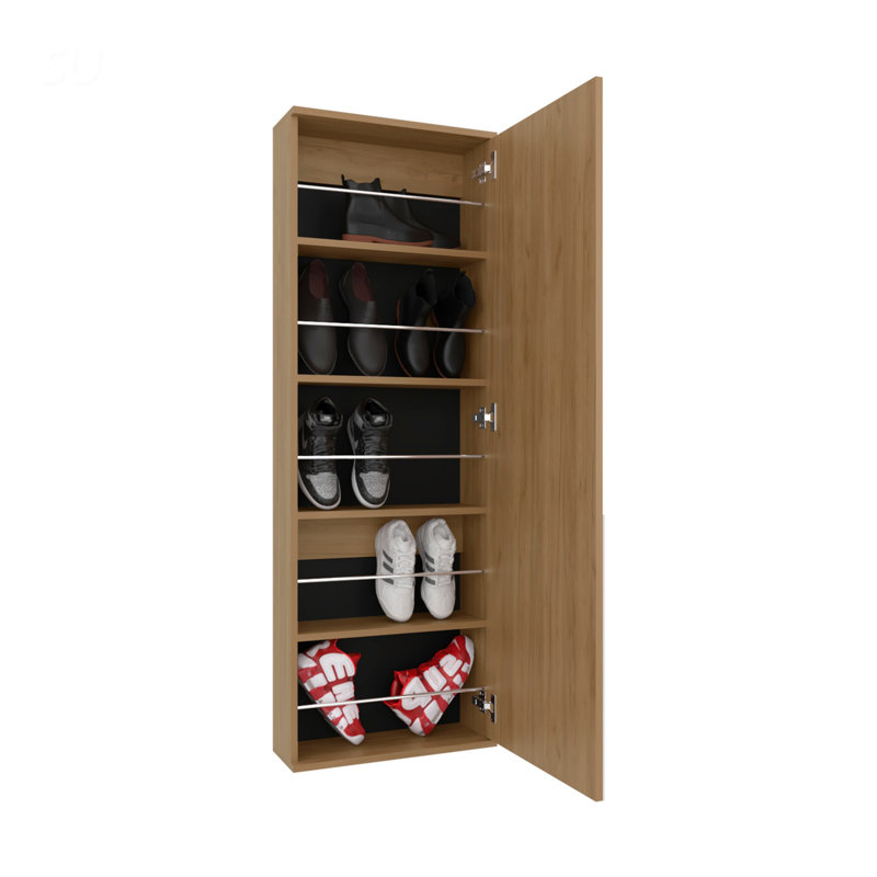 Range-chaussures mural avec miroir, porte simple, capacité pour dix chaussures, solution de rangement peu encombrante, Oak