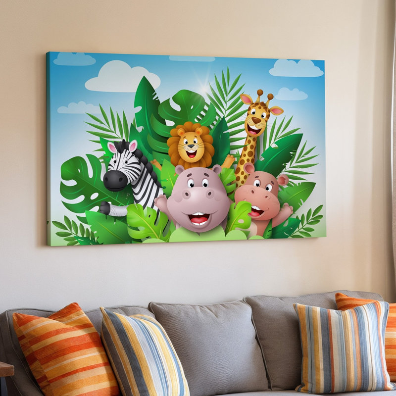 Toile une scène animée animée avec quatre animaux de la bande dessinée joyeux, un art zébré avec des rayures audacieuses en noir et blanc