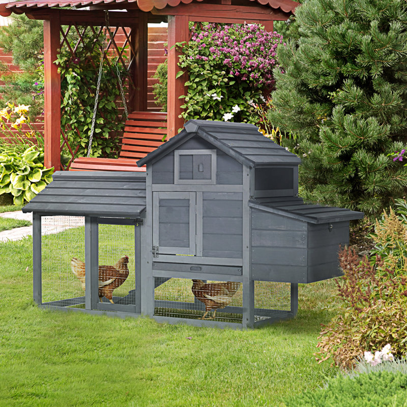 Petite cage à poulets en bois gris de 59 po avec boîte de nidification, plateau amovible et poulailler en bois avec protection contre les prédateurs