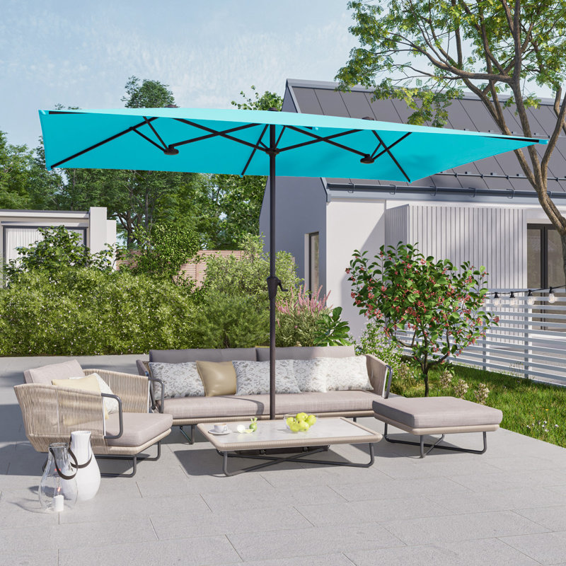 Parasol de marché extérieur double 10 x 6,5 pi avec manivelle, grand parasol de table pour terrasse, Bleu lac