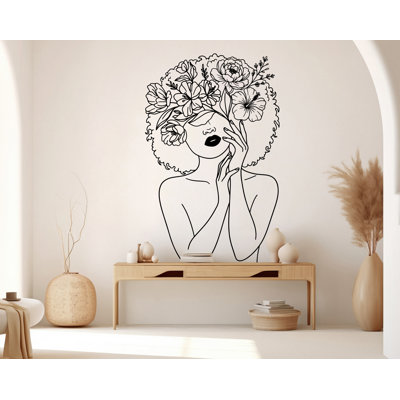 Girl Line Floral Art wall Decal, Mid Century Line Art Feminist Woman Modern Mid Century Wall Art, Line Art Wall Decor Bedroom Art 1275DRS