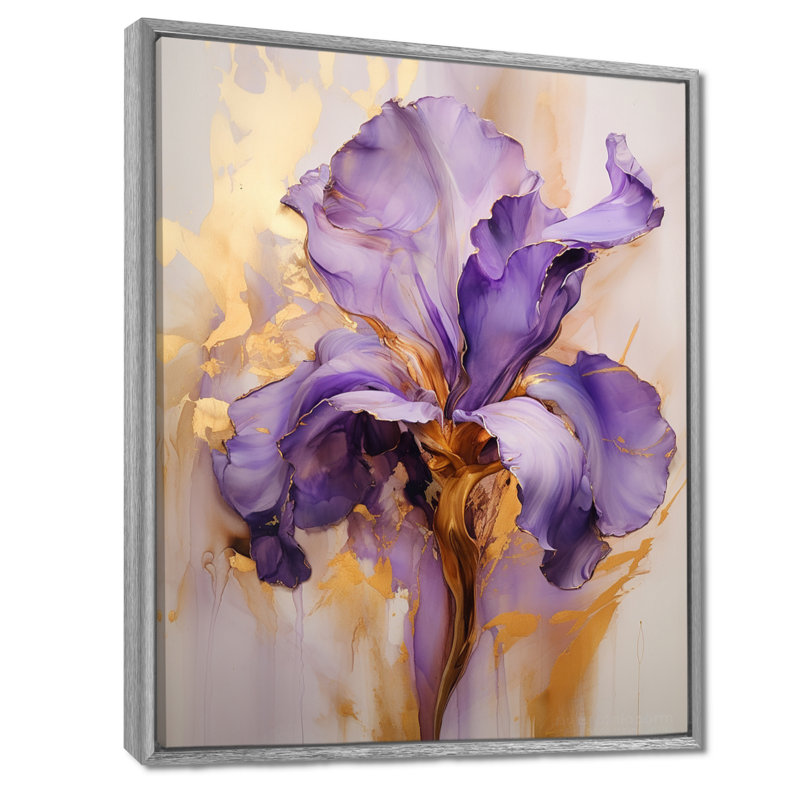 Iris doré - Rêve mauve - iris, art mural grand format, H 32 po x l 24 po x P 1 po, Encadrement argenté