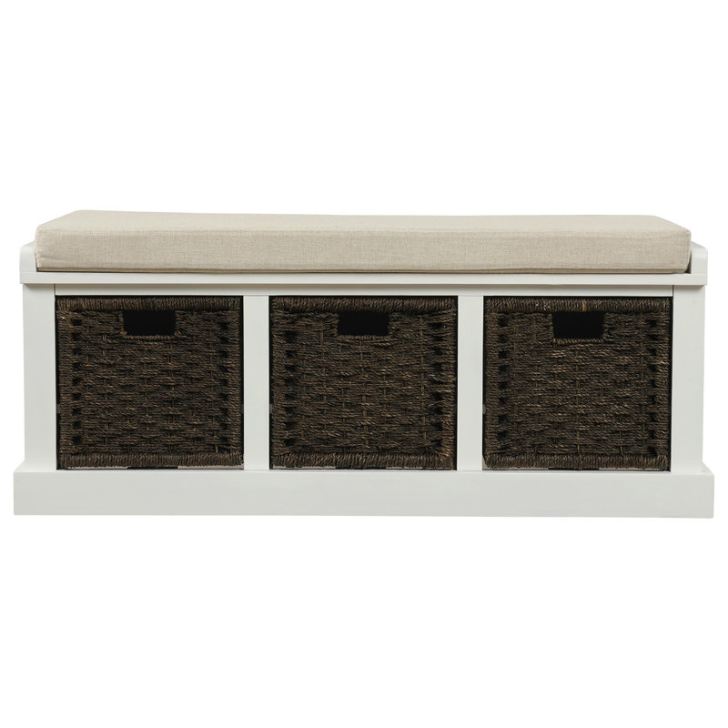 Rustic Storage Bench with 3 Removable Classic Rattan Basket , Entryway Bench with Removable Cushion , White