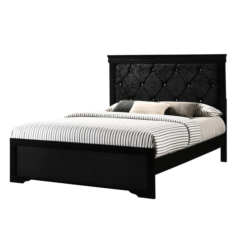 Lit double à panneau noir avec tête de lit rembourrée fiable et capitonnage à boutons scintillants pour une chambre à coucher