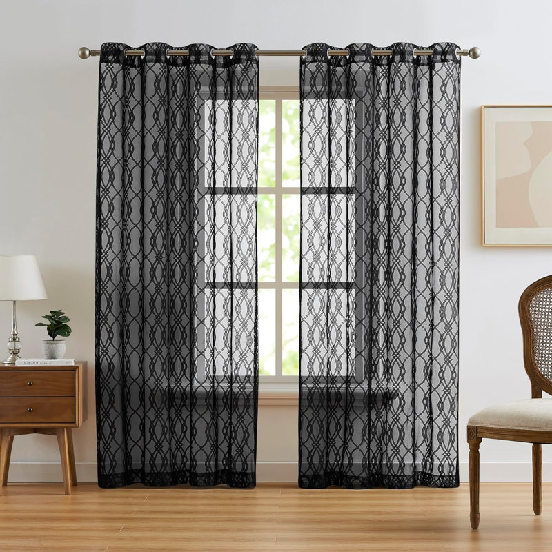 Roselius Polyester Blend Sheer Curtain Pair, Black, 54" W x 96" L