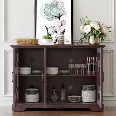 48.66" X 15.55" X 34.06" Spacious Size Sideboard 3 Clear Tempered Glass Doors Buffet With Adjustable Shelf, MDF With Dark RED Decorative Laminates Storage Cabinet For Dinning Room, Kitchen,Living Room