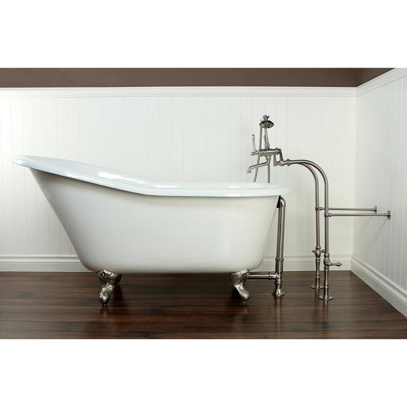Kingston Brass Aqua Eden 60-Inch Cast Iron Oval Single Slipper Clawfoot Tub (No Faucet Drillings), Brushed Nickel
