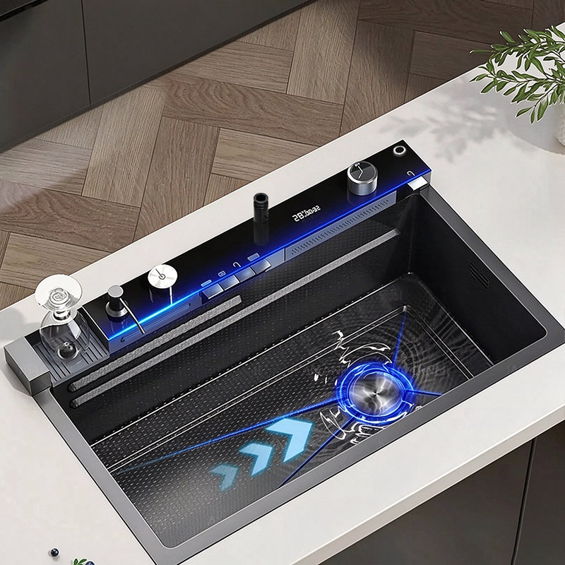 Mosson - Meuble-lavabo de cuisine noir à cascade de 29,5 pouces avec robinet, planche à découper et cuves coulissantes Mosson
