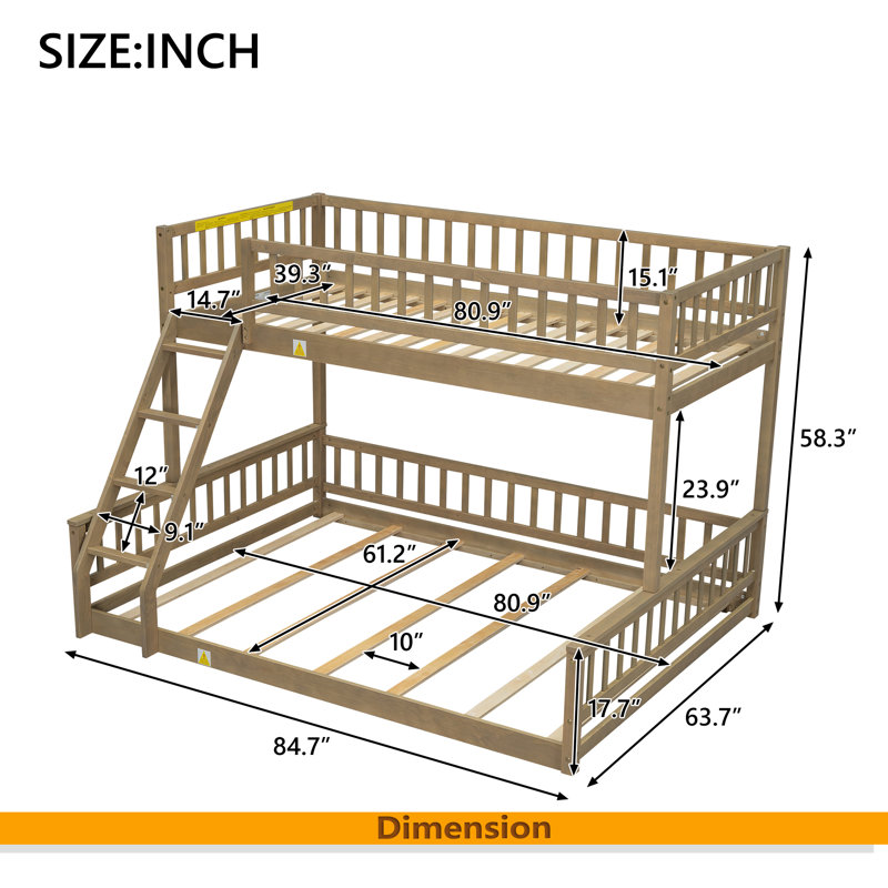 Twin XL Over Queen Bunk Bed With Ladder And Guardrails, Walnut