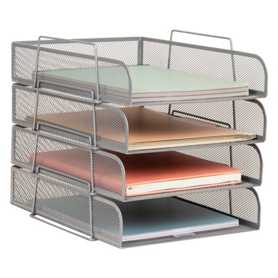 Stackable Paper Tray, Desktop Organizer, File Storage, Office, Metal Mesh, 4 Pcs., SIlver