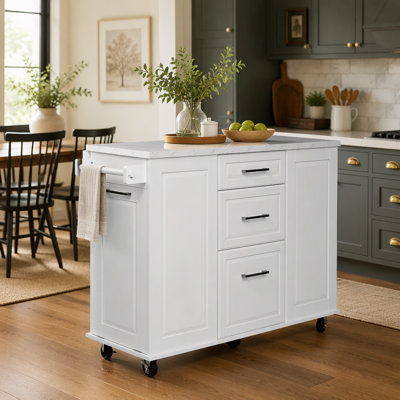 Îlot de cuisine de 50,7 po avec rangement, poubelle inclinable et organisateur d'armoire escamotable, îlot de cuisine sur roulettes à 5 roulettes avec abattant, 2 tiroirs, 1 porte pour cuisine, salle à manger, blanc