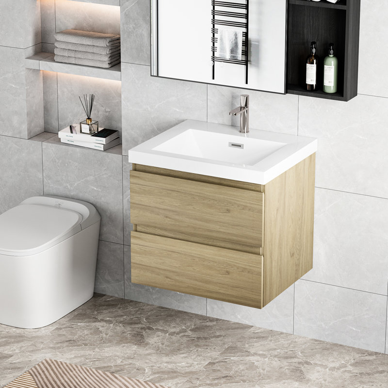 Meuble-lavabo de salle de bain flottant 24 po, finition chêne naturel, plateau en résine, tiroirs à fermeture en douceur pour meuble-lavabo avec lavabo, armoire à tiroirs, Flash