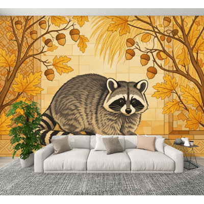 Peel and Stick Wallpaper Autumn Brown Gray Forest Animal Seasonal Fall Rustic Aesthetic Raccoon Wall Murals 100"H x 144"W Removable PVC Wall Paper Self-Adhesive Wall Decor for Bedroom Living Room Home Office