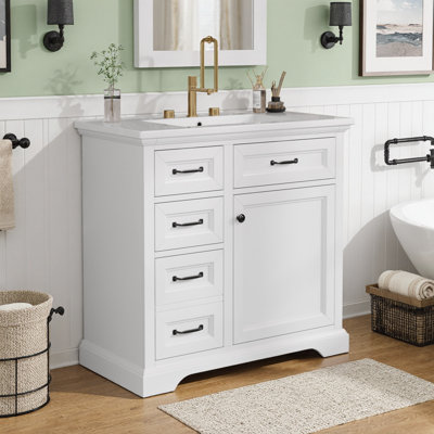 36" Bathroom Vanity with Ceramic Sink – Freestanding Storage Cabinet with 4 Drawers & Soft-Close Door – Pre-Drilled for 8" Faucet, Metal Handles, Adjustable Leg Levelers – Solid Wood Frame, 200 lb Capacity