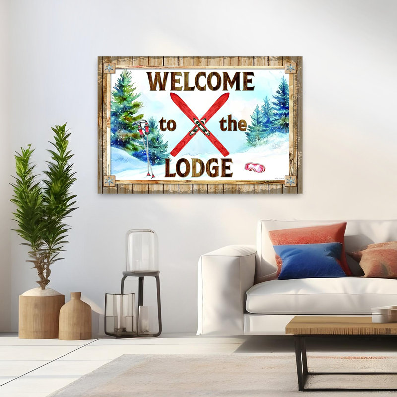 «Welcome To The Lodge», art mural paysage forestier contemporain rustique, H 32 po x l 48 po