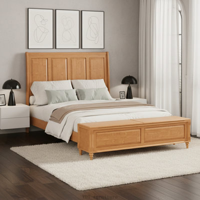Queen Size Solid Wood Sleigh Bed with High Headboard & 64" Storage Bench, No Box Spring Needed, Natural