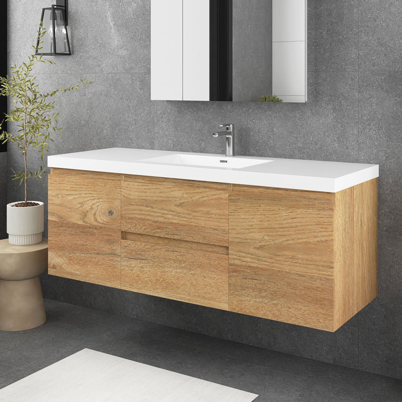 Meuble-lavabo mural simple 60 po avec plateau en résine Birkhild, Chêne clair