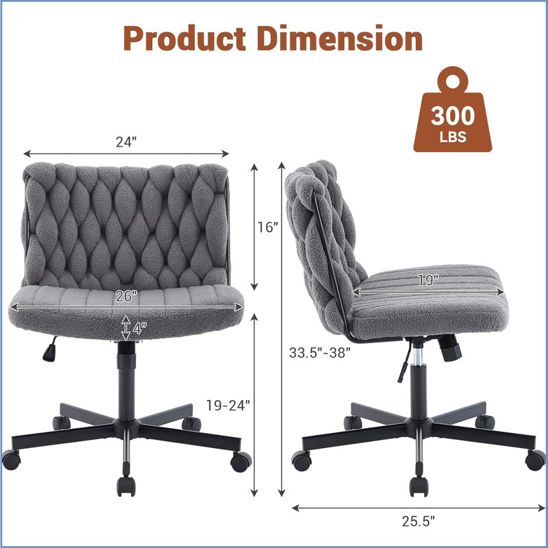Office Chair With Wheels, Wide Seat Home Office Desk Chair, Armless Makeup Vanity Chair, Modern Cross Legged Swivel Comfy Chair, Computer Task Chair For Home Office