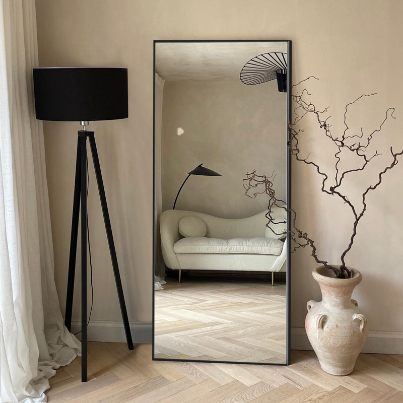 Vertell Oversize Rectangle Full Length Metal Mirror for GYM/ Bedroom with Stand, Matte Black, 65" x 22"