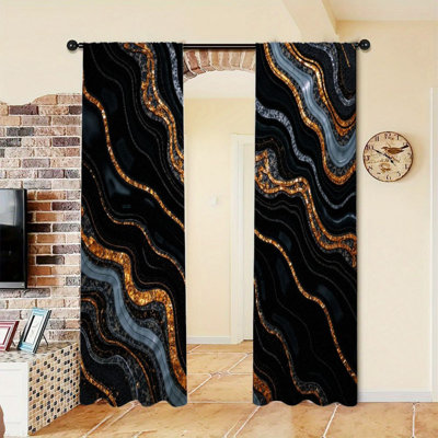 2Pcs rideaux modernes en agate dorée noire, passe-tringle soleil bloquant, style abstrait de luxe, toutes saisons pour le salon