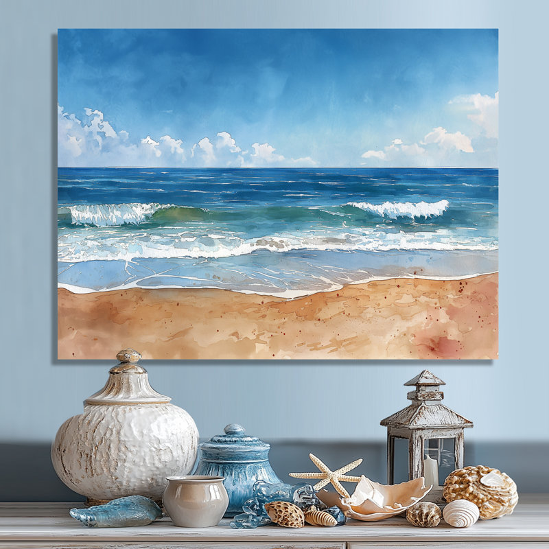 Bleu, bleu, italien, bord de mer, Escape II - Beach Wall Art Living Room, Sans cadre en métal, H 34 po x l 44 po x P 1,5 po