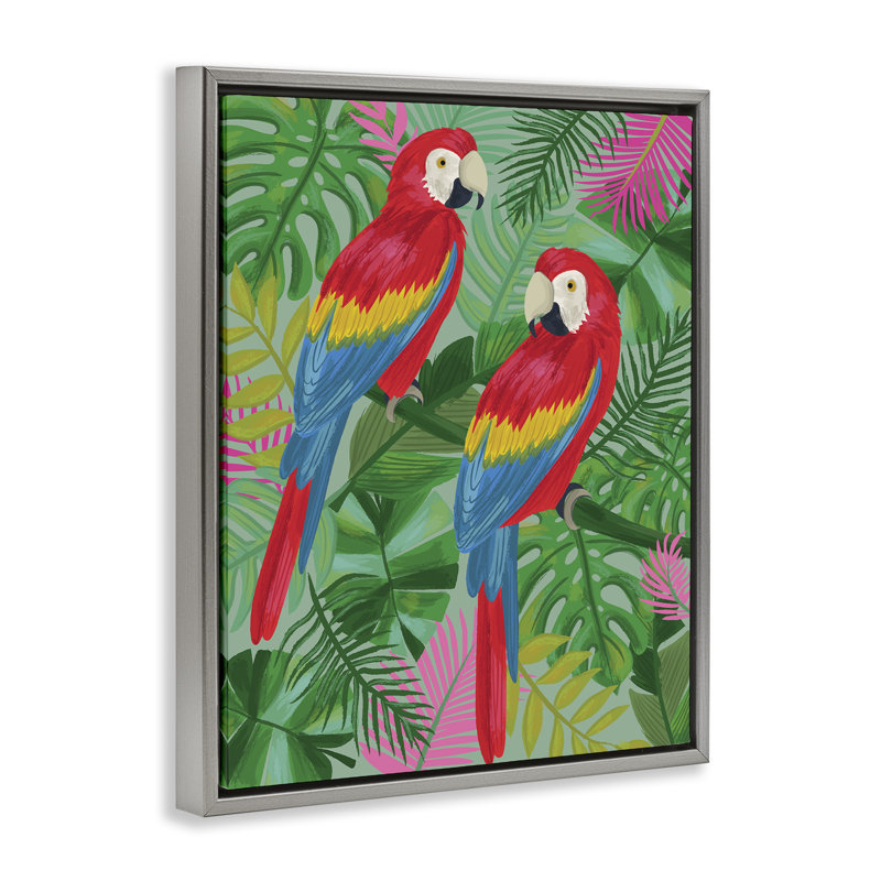 «Pink Paradise Parrots», art mural encadré par Lisa Perry, H 31 po x l 25 po, Cadre flottant gris