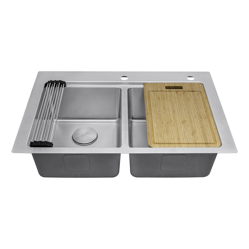 Ruvati 33-inch Drop In Topmount 50/50 Double Bowl Workstation 16 Gauge Stainless Steel Kitchen Sink - RVM5232