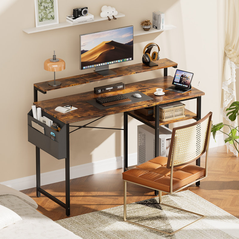 40" Office Computer Desk with LED Light, Office Table with Monitor Stand for Home/Office Use, Corner Desk with Large Storage Bag and Height Adjustable Storage Shelf, Remote Worker,Brown