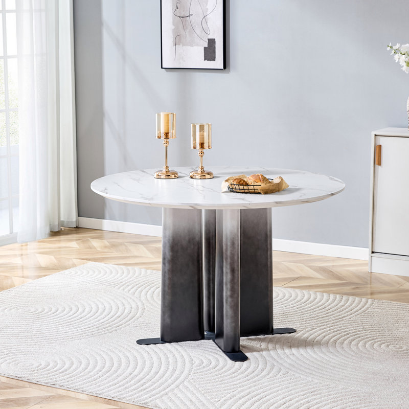 Table de salle à manger ronde en MDF à motif de marbre blanc, pieds dégradés noirs et blancs avec base en croix, table de cuisine compacte pour 2 à 4 personnes pour les petits espaces