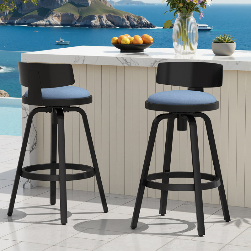 Tabourets de bar pivotants en aluminium avec coussin Sunbrella, Spectre denim