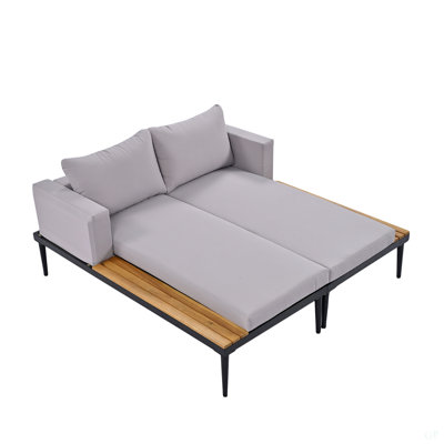 Modern Outdoor Daybed Patio Metal Daybed With Wood Topped Side Spaces For Drinks, 2 In 1 Padded Chaise Lounges For Poolside, Balcony, Deck, Gray
