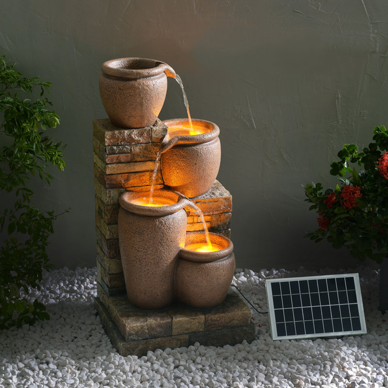 Jalijah 30" 4-Tier Cascading Outdoor Freestanding Water Fountain with Solar Pump & LED Lights, Brown