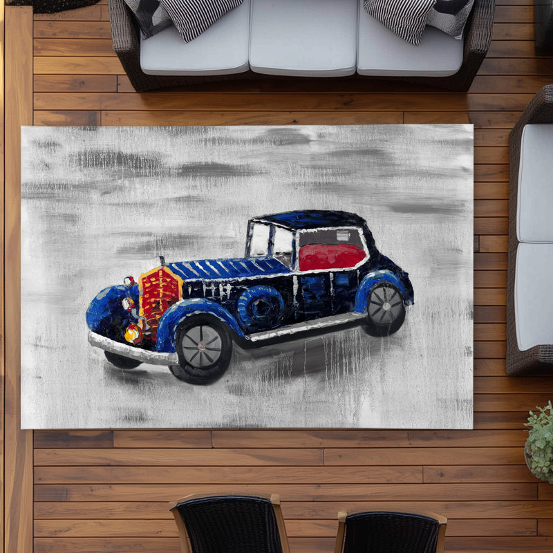 Vintage Blue Toy Car - Gray Contemporary Outdoor Area Rug