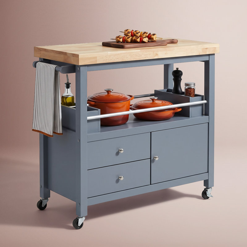 Gerolakkos ClickDecor Anson Kitchen Island Bar Cart with Storage, Butcher Block Table, Rolling Wheels and Portable Cabinet Organization for Home Apartment Essentials, Gray