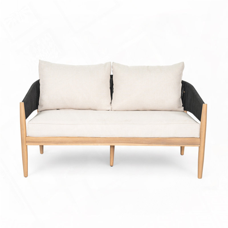 Causeuse d'extérieur en bois d'acacia de patio, Coussin beige / cadre brun clair / noir