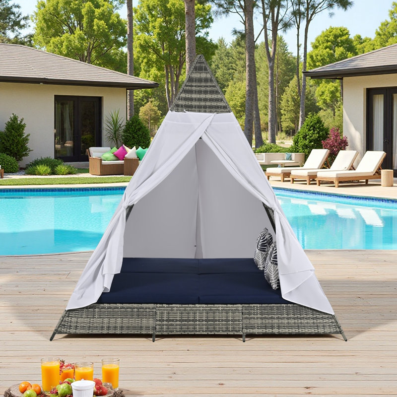 90.5" Outdoor Wicker Sunbed With Tent Curtains & Colorful Pillows - Adjustable Privacy Design, 700 Lb Capacity, Weather-resistant For Poolside, Patio & Garden