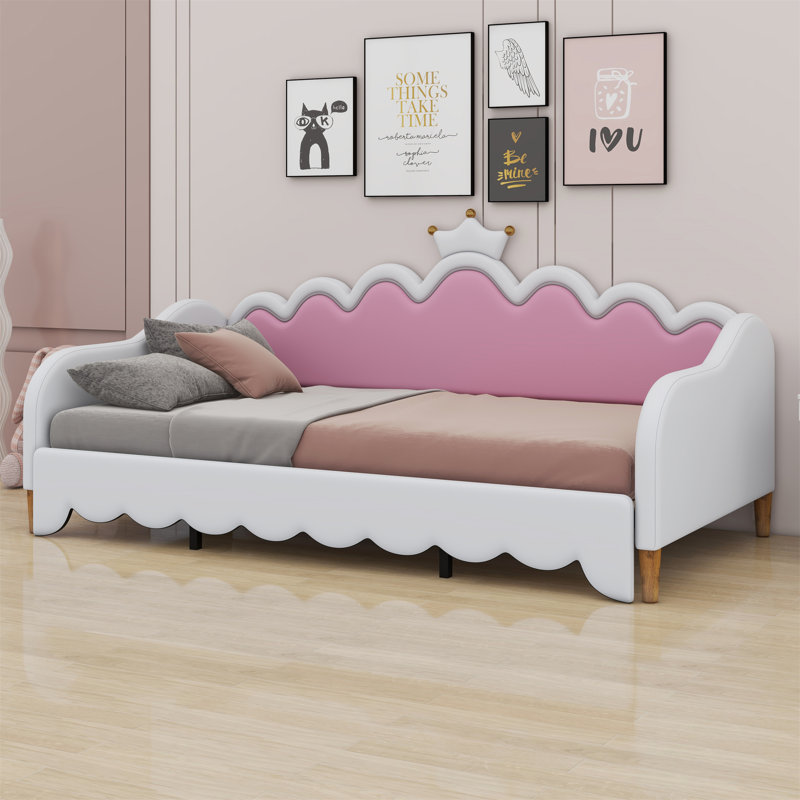 Upholstered Princess Daybed With LED Lights And Crown Headboard, White/Pink