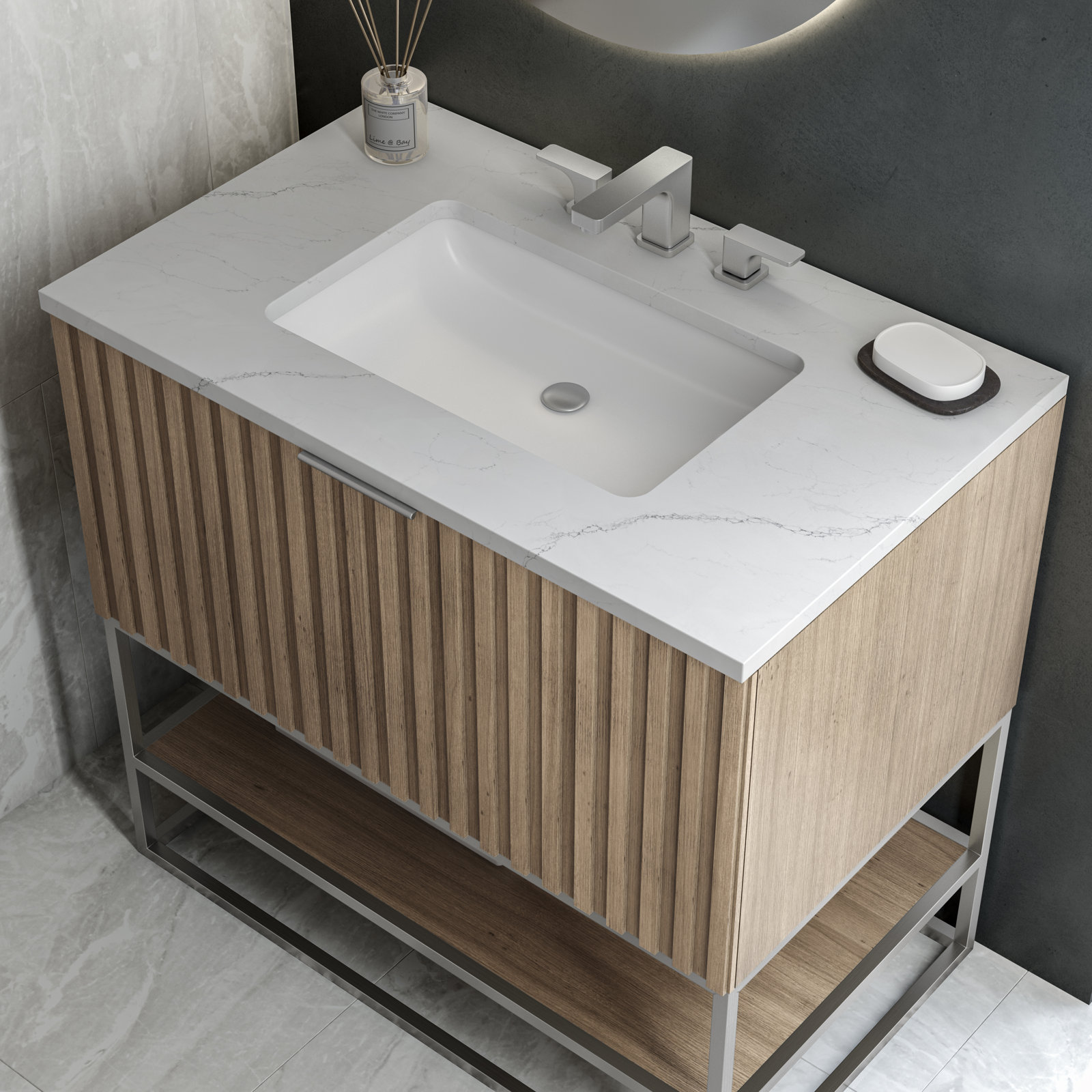 Terra 36" Carrara Marble Single Bathroom Vanity, Cashmere Gray, Brushed Nickel, Calacatta Quartz/Widespread Faucet Mount