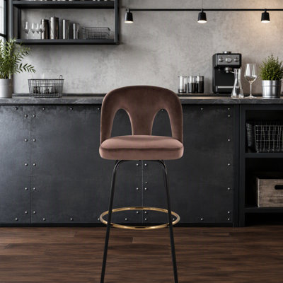 Tabouret de bar à hauteur fixe avec pivot en métal noir et velours espresso avec repose-pieds rond en métal doré - ensemble de 2