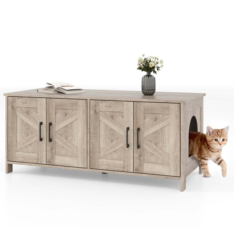 Cat Litter Box Enclosure for 2 Cats w/ Double Rooms Wooden Cat Washroom Cabinet, Brown