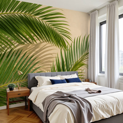 Papier peint adhésif à peler et à coller minimaliste vert à feuilles de palmier tropical H 100 po x l 144 po imperméable et amovible pour chambre à coucher, salon, dortoir