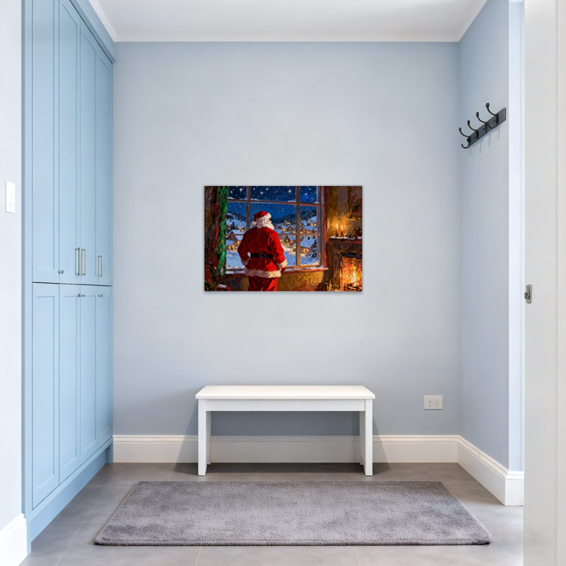 Noël père Noël regardant par la fenêtre au village enneigé, H 16 po x l 24 po