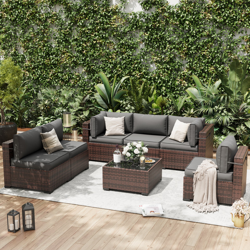 7 Piece Rattan Sectional Seating Group With Cushions, Gray