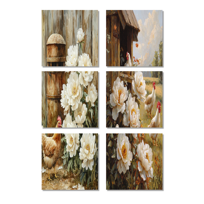 Farm Pivoines à la mangeoire à poulets - ensemble de 6 décorations murales florales, Toile tendue, Ne s’applique pas