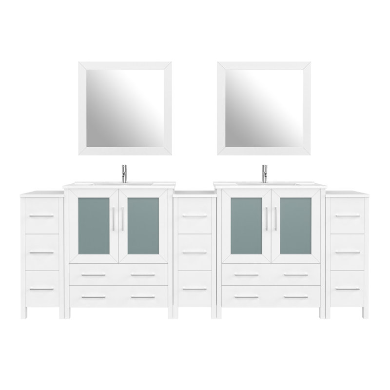 Karson 96'' Double Bathroom Vanity with Ceramic Top with Mirror, White